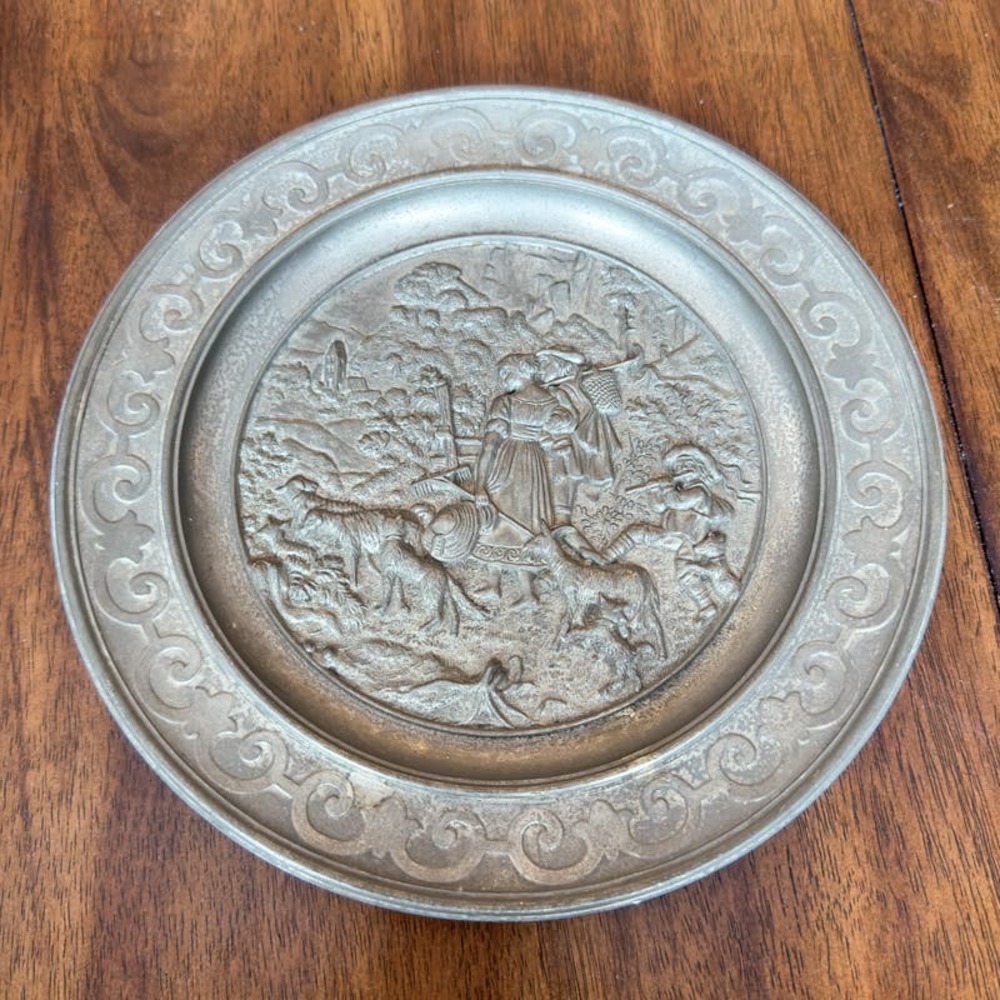 Antique SKS Zinn Hanging Plate 95% Pewter Rare Germany Farming Sheppard Scene - Picture 4 of 13